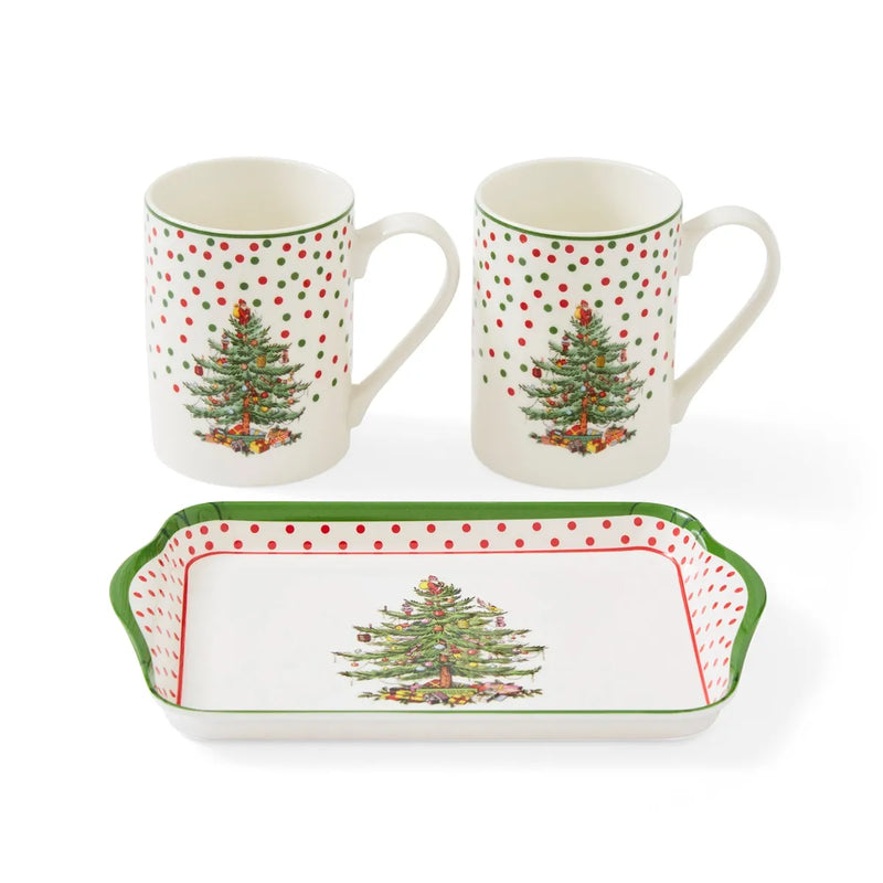 Christmas Tree Polka Dot Mug &amp; Tray Set