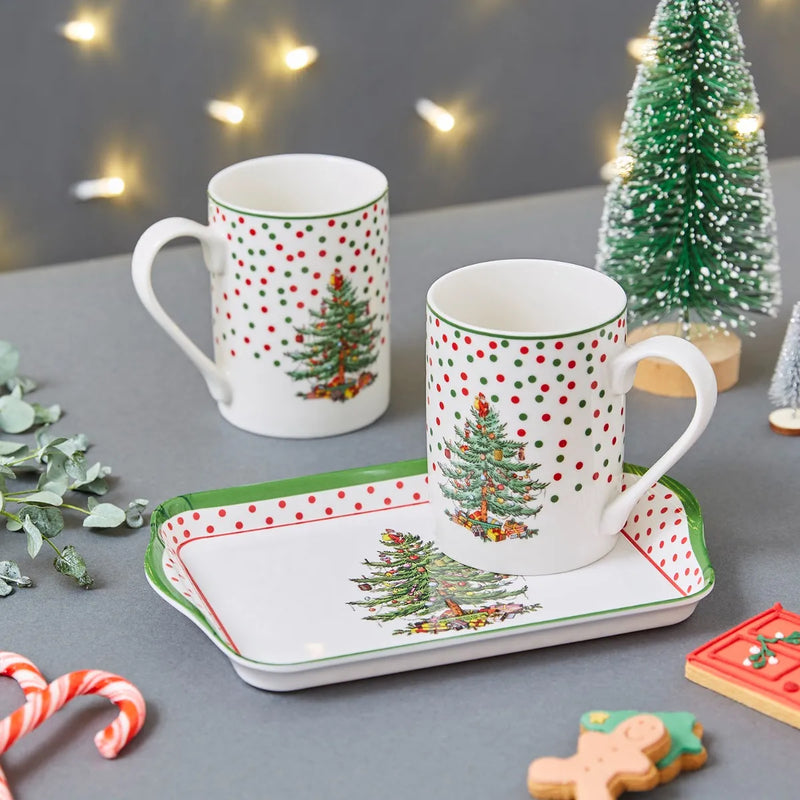 Christmas Tree Polka Dot Mug &amp; Tray Set