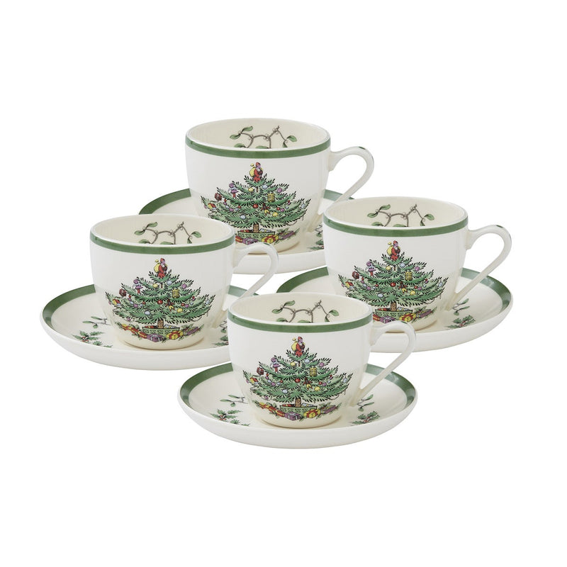 Christmas Tree Set of 4 Teacups & Saucers