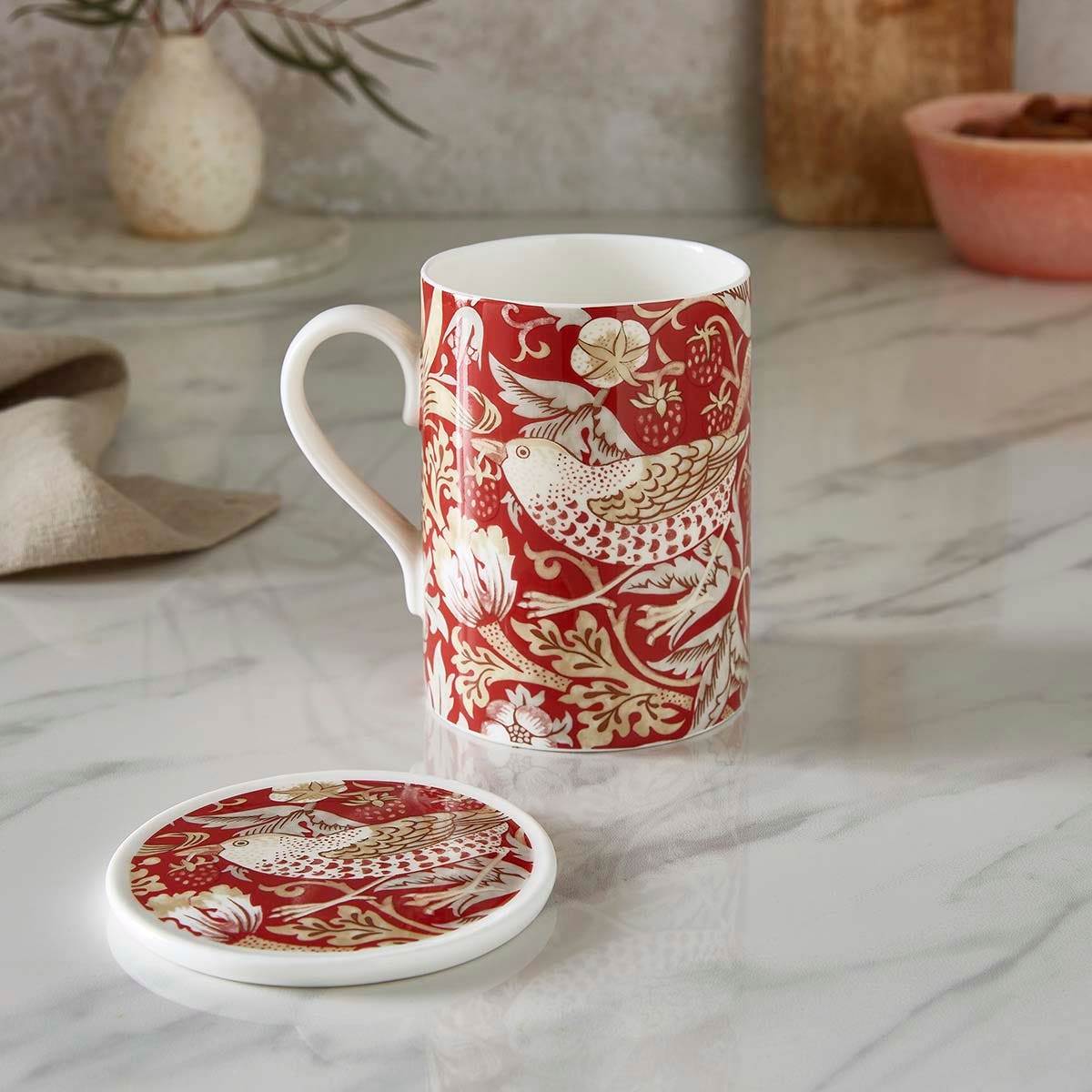 Morris & Co. Strawberry Thief Indian Red Mug & Coaster Set