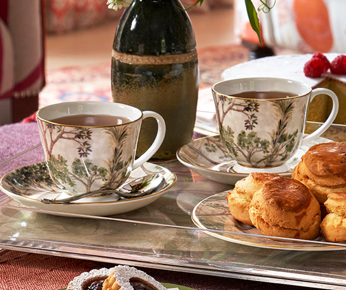 Kit kemp Gold 8oz Teacup &amp; Saucer Tall Trees