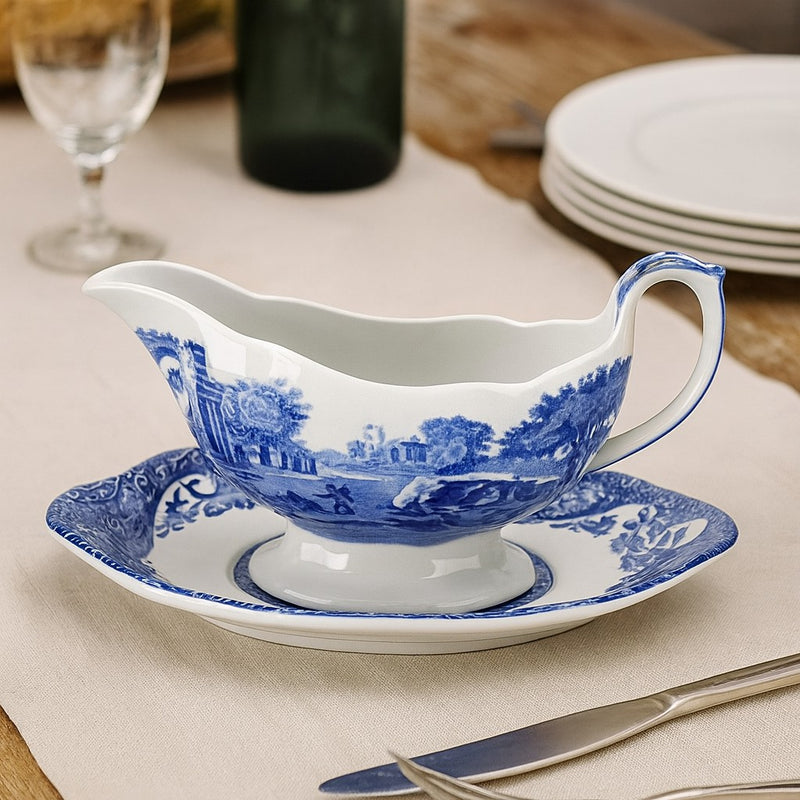 Spode Blue Italian Sauce Boat and Stand