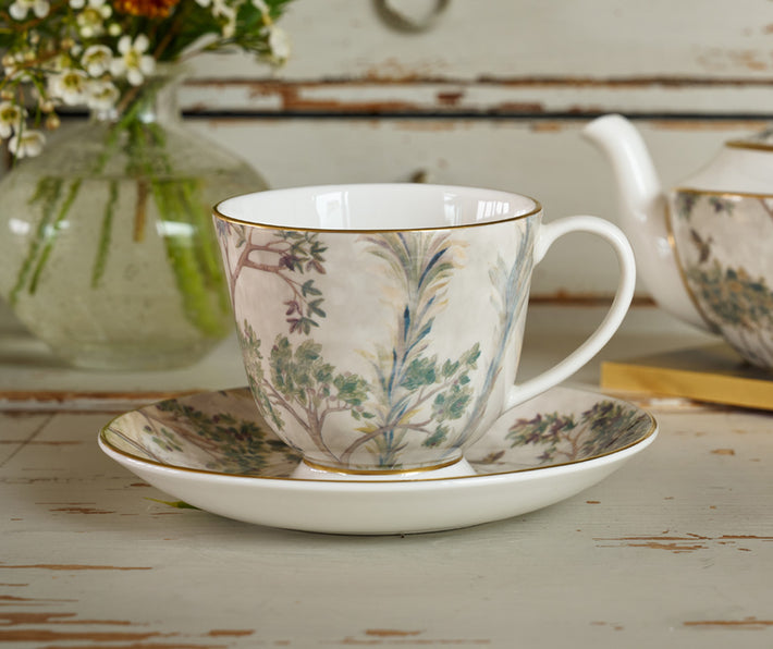 Kit kemp Gold 8oz Teacup &amp; Saucer Tall Trees