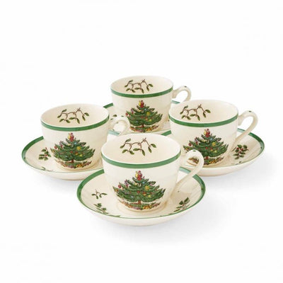 Christmas Tree Set of 4 Teacups &amp; Saucers