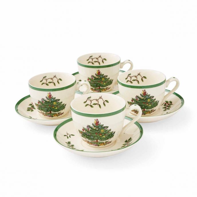 Christmas Tree Set of 4 Teacups & Saucers