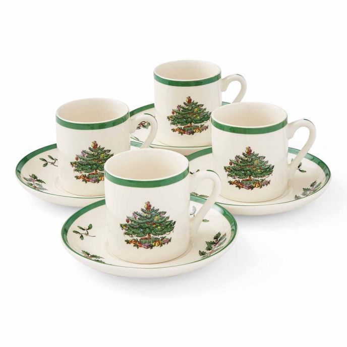 Christmas Tree Set of 4 Espresso Cups &amp; Saucer