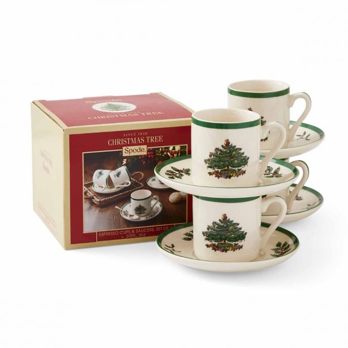 Christmas Tree Set of 4 Espresso Cups &amp; Saucer