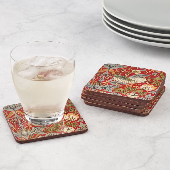 Morris &amp; Co. Strawberry Thief Red Set of 6 Coasters