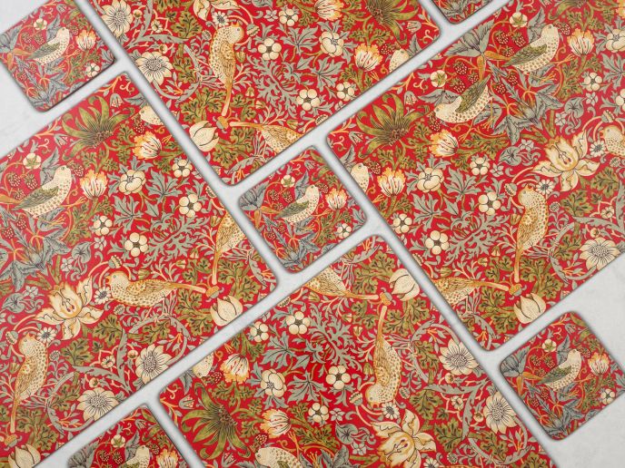 Morris &amp; Co. Strawberry Thief Red Set of 6 Coasters