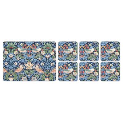 Morris &amp; Co. Strawberry Thief Set of 6 Placemats &amp; Coasters, Blue